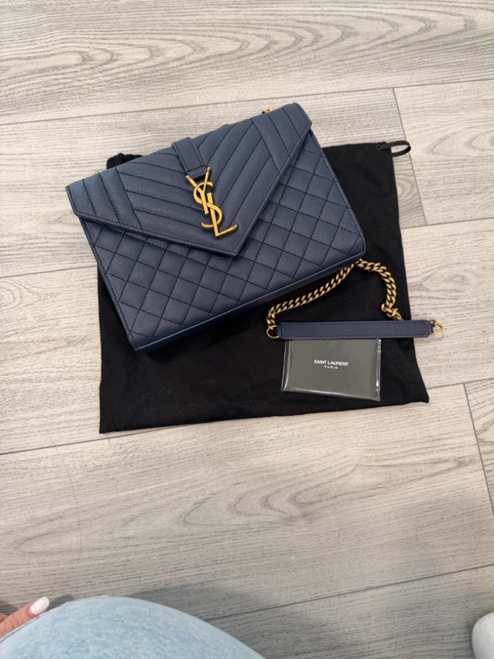 Saint Laurent Navy Quilted Leather Envelope Shoulder Bag with Gold YSL Hardware